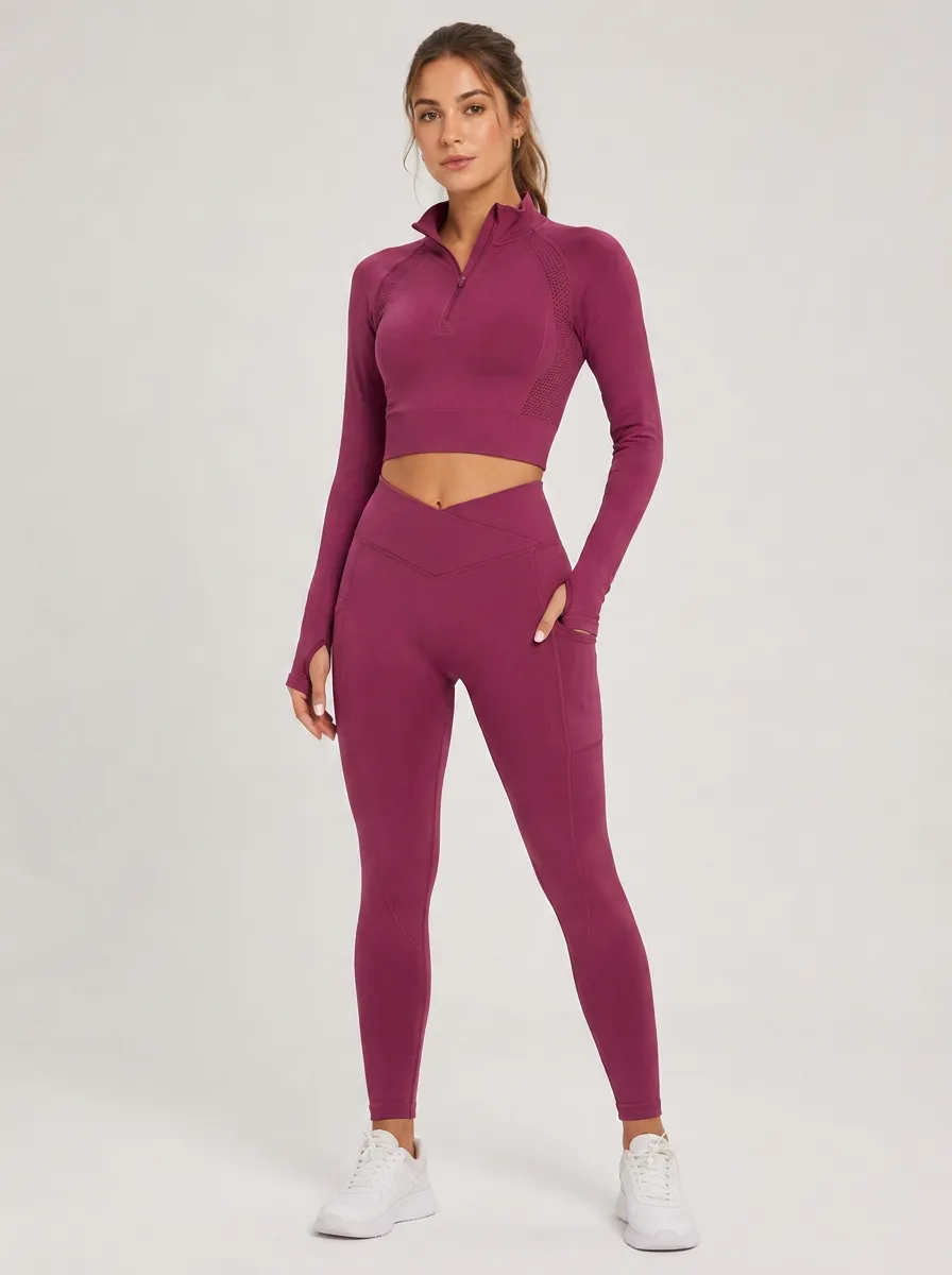 Women's Seamless Gym Workout Half-Zip Crop Top High-Waist Leggings Set