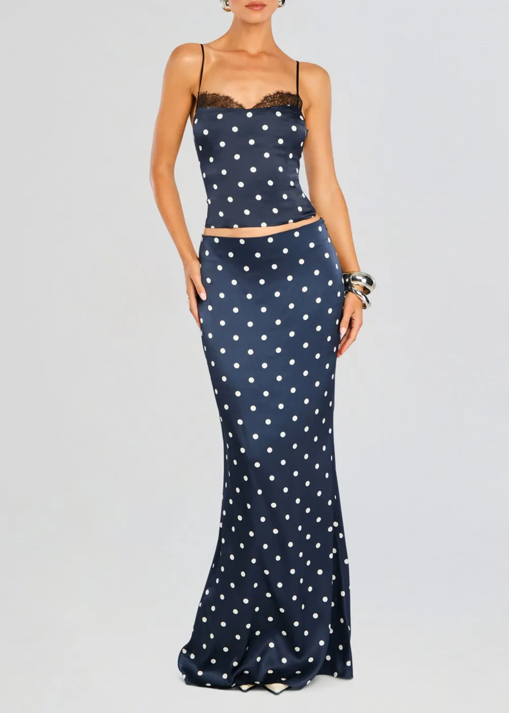 Navy Polka Dot Maxi Skirt