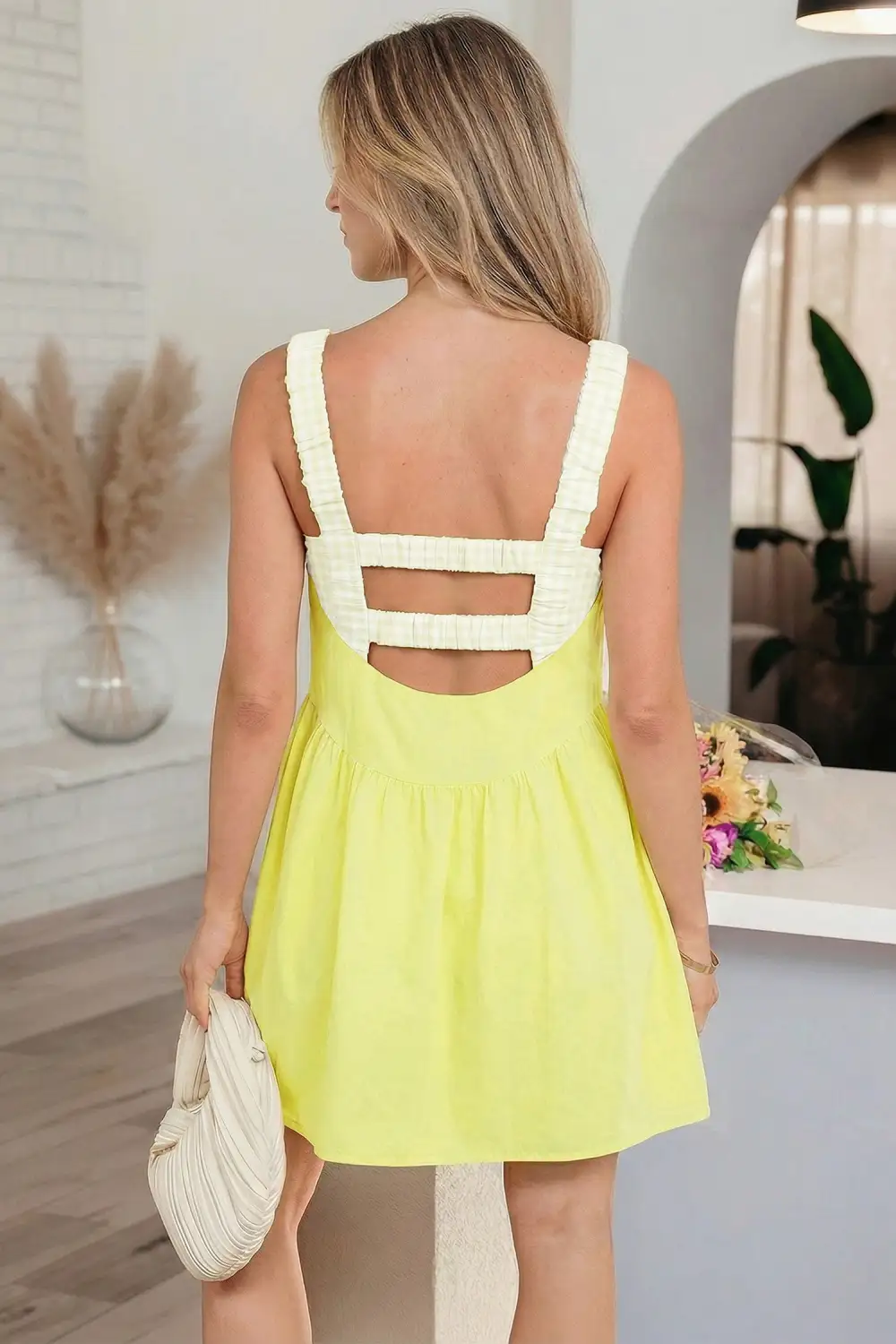 Clean Gingham Contrast Trim Mixed Panel Mini Dress