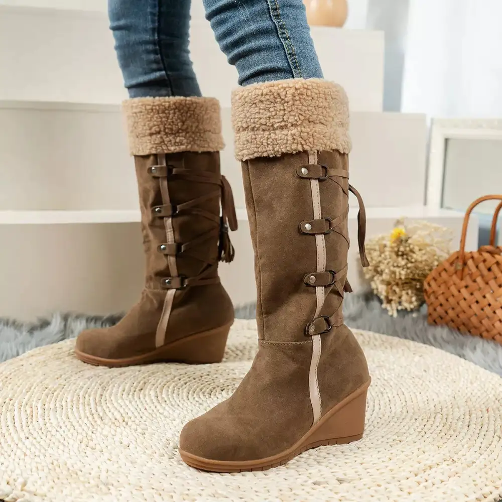 Suede Wedge Boots with Fur Cuff