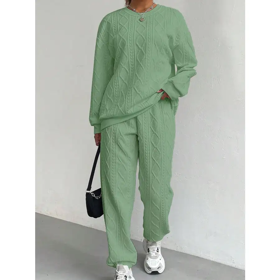 Relaxed Texture Round Neck Top and Pants Set