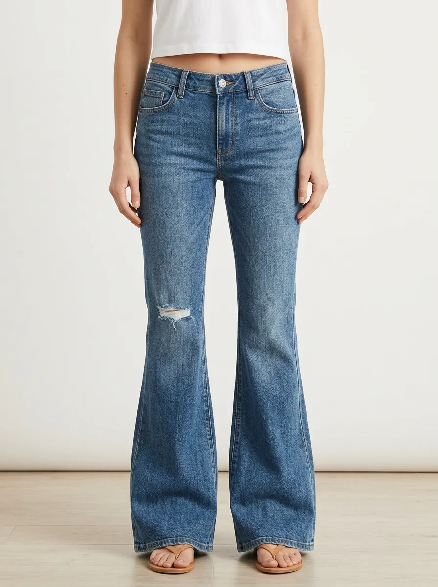 Women's Mid-Rise Right-Knee Faded Distressed Flare Jeans