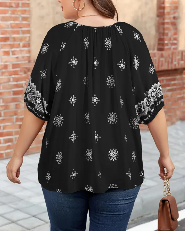 Women's Floral Print V Neck Notched Neck Top