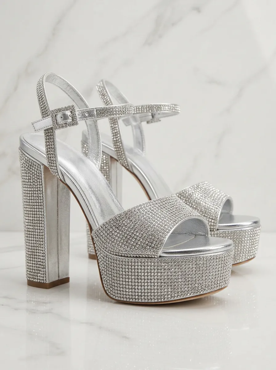 Women's Luminous Silver Rhinestone Embellished Platform Block Heel Sandals