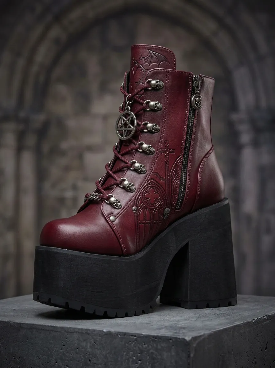 Pentagram Skull Embossed Graphic Women's Gothic Platform Boots