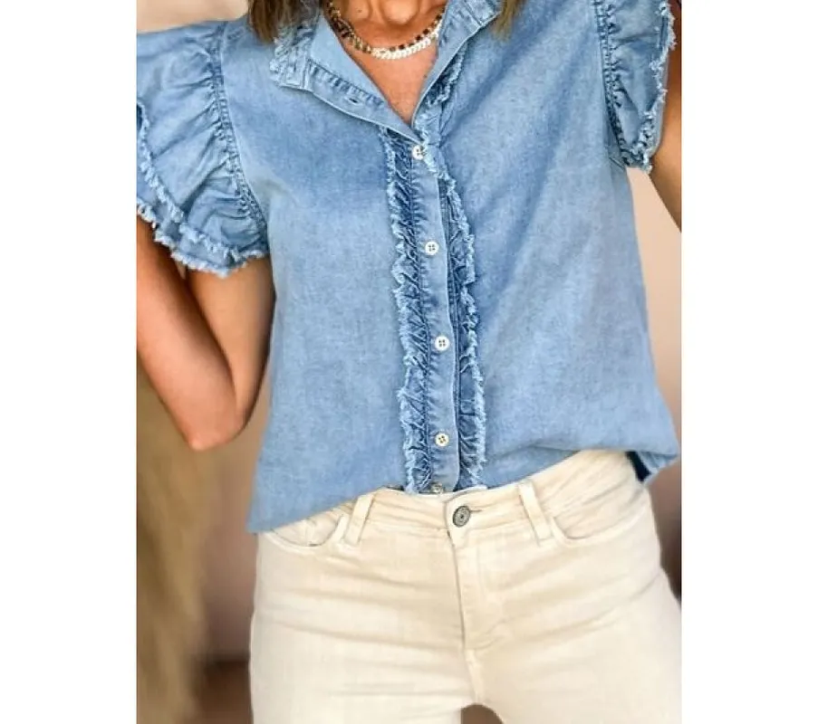 Button-Down Raw-Hem Ruffled Denim Shirt