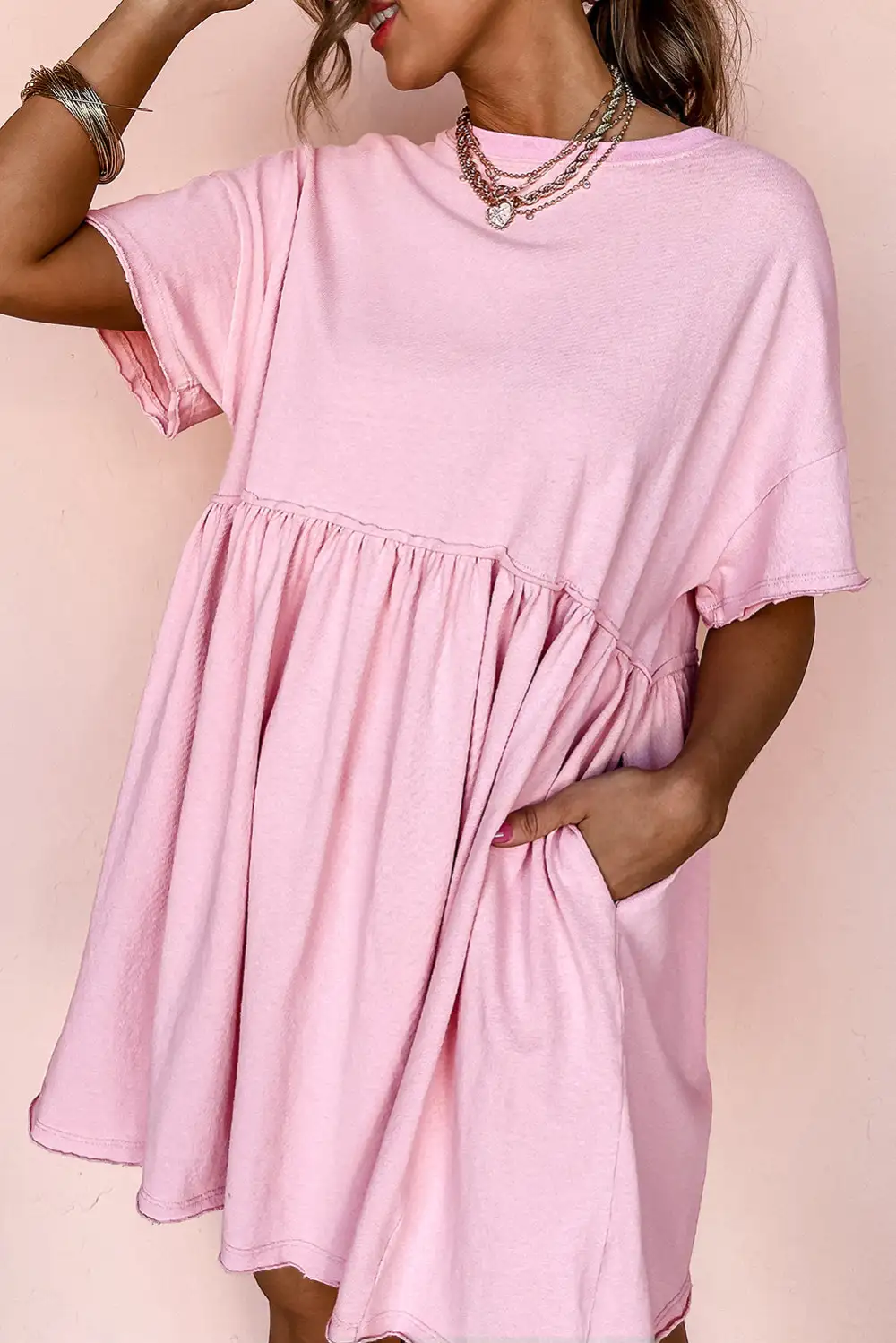 Classic Solid Color Pocketed Raw Edge Babydoll Dress