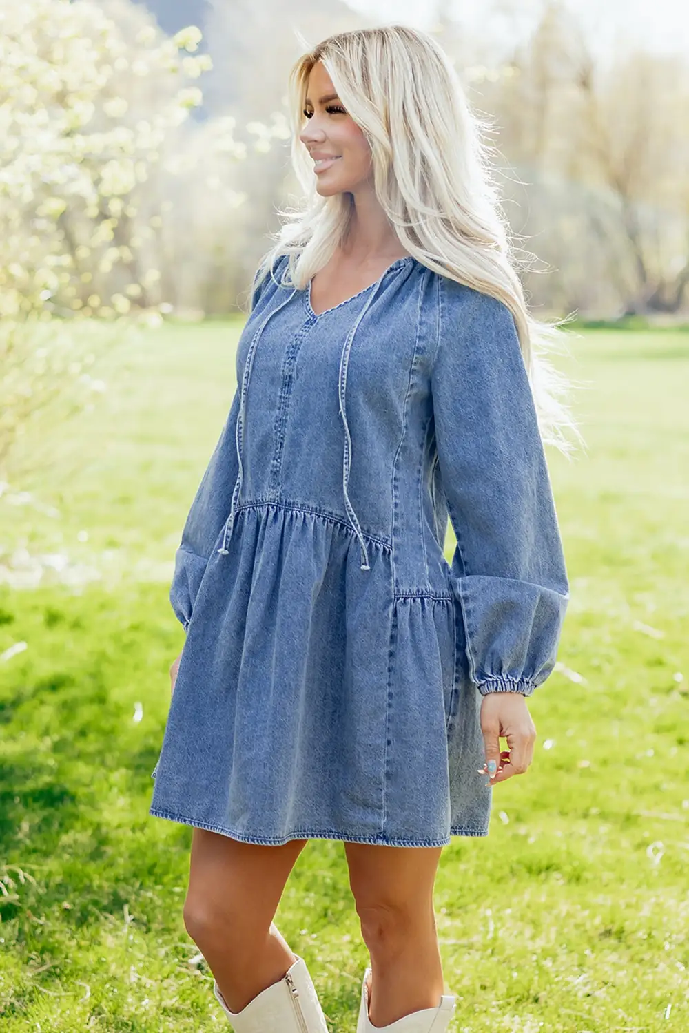 Denim V Neck Ruffle Mini Dress