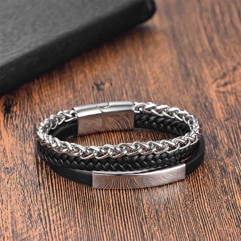 Titanium Steel Leather Woven Bracelet