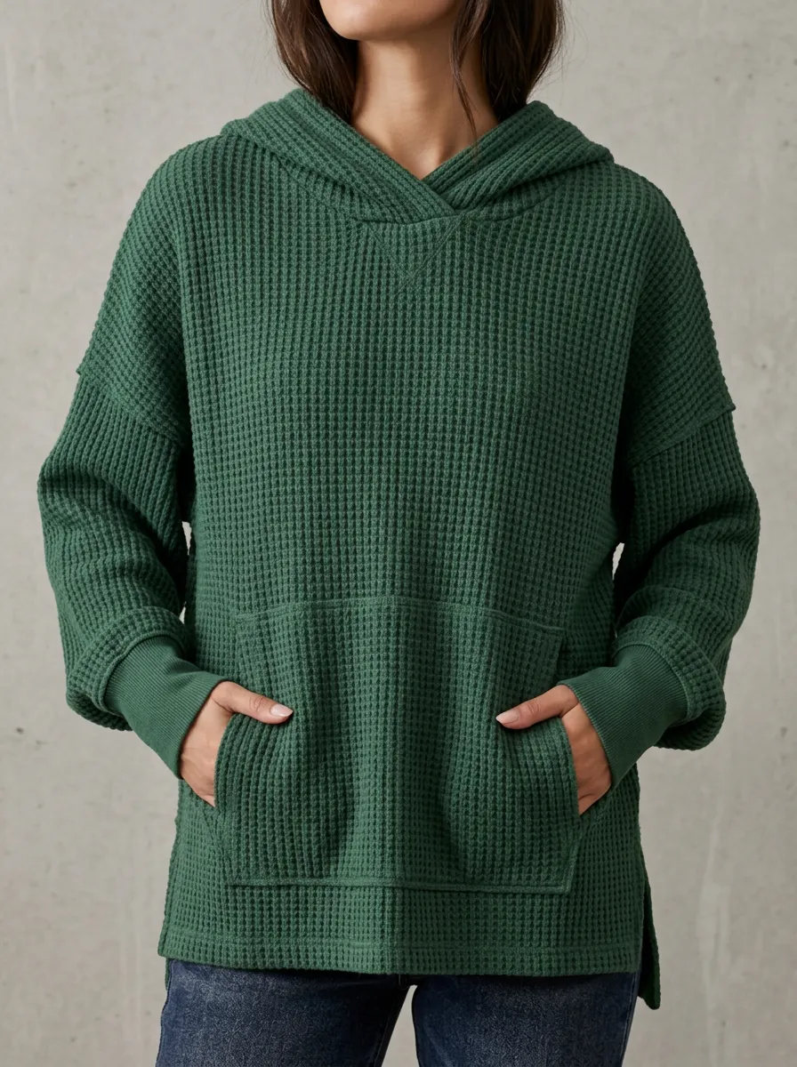 Relaxed Everyday Waffle Knit Hooded Pullover Top