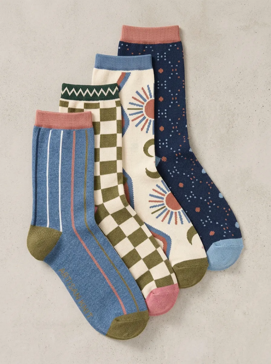 Checkerboard Sun Vintage-Inspired Men's Four-Pair Long Socks