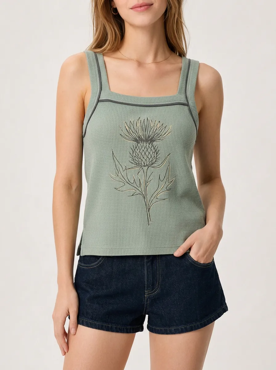 Women's Scottish Thistle Floral Printed Waffle Tank Top