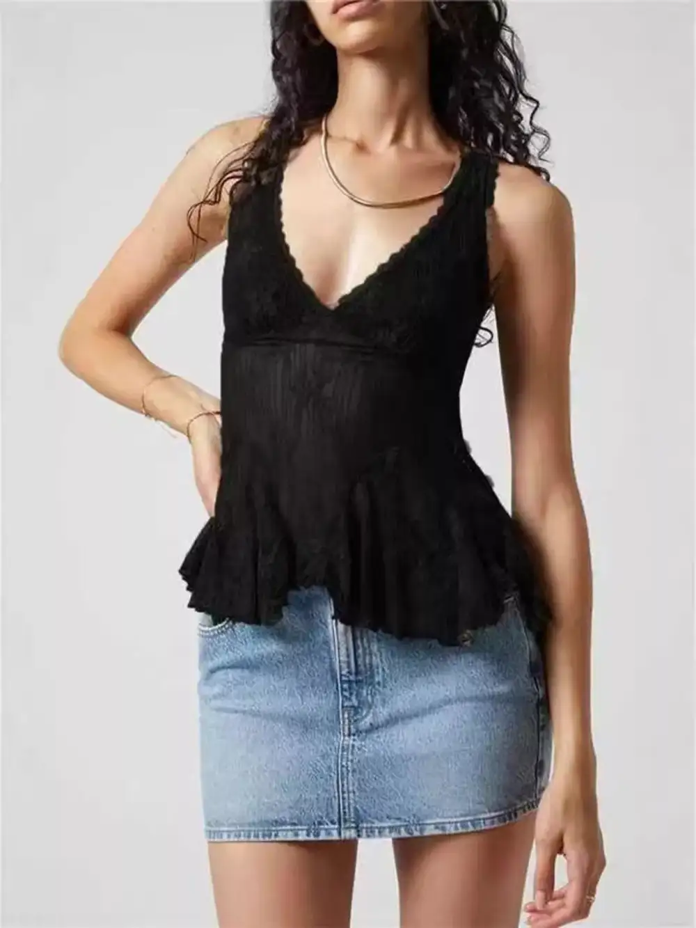 V-Neck Lace Smocked Tank Top