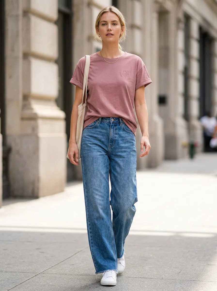 Women's Minimalist Floral Embroidered Pink T-shirt and Denim Jeans Set