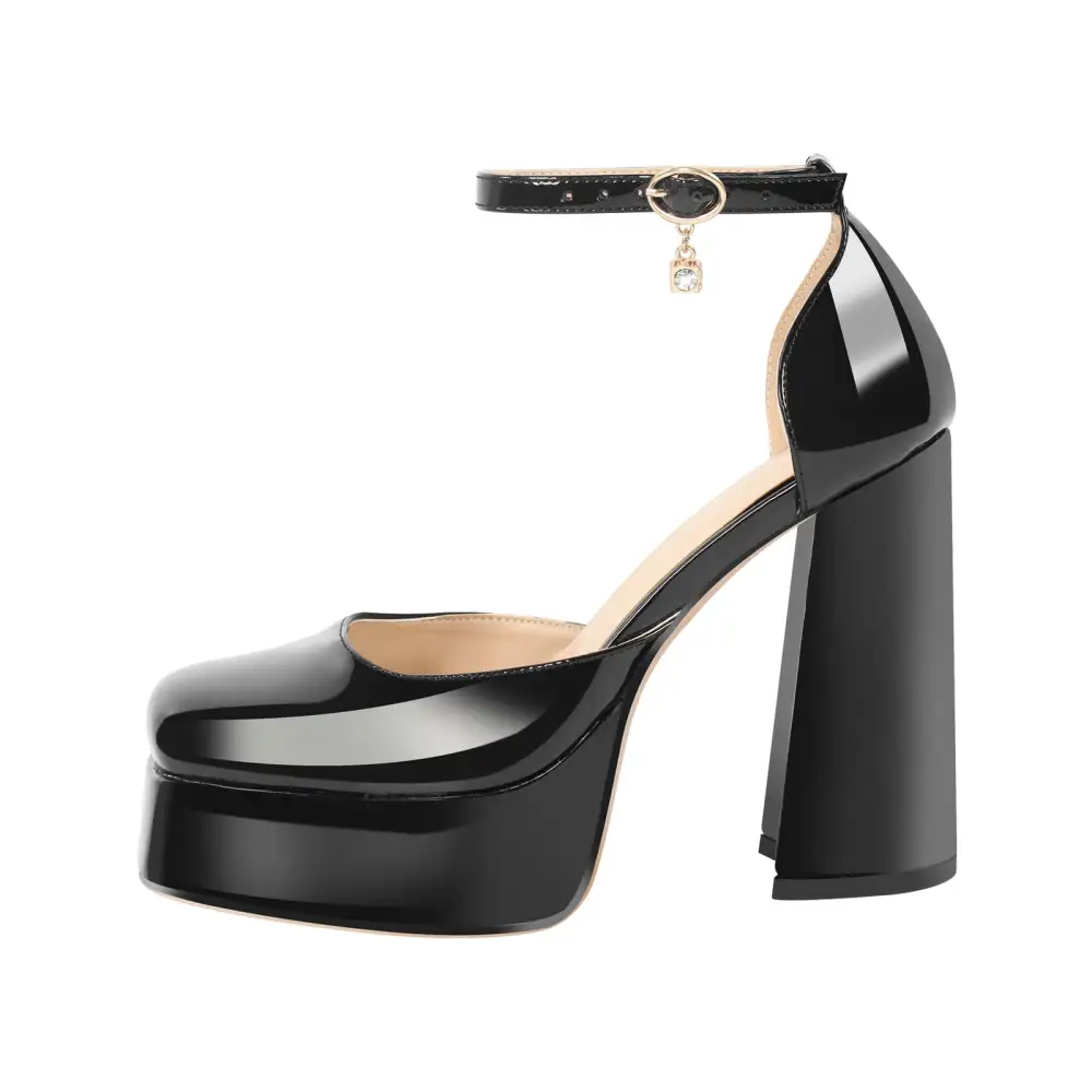 Modern Patent Finish Square Toe Low Platform Chunky Heel Pumps