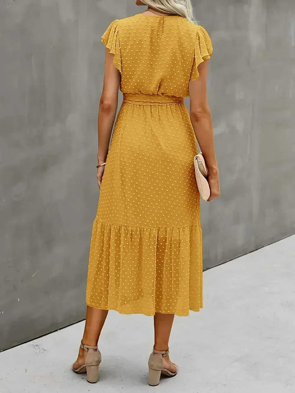 Women Summer Bohemian Floral Casual Wrap V Neck Ruffle Cap Sleeveless Belt A-Line Pleated Hem Swing Midi Sun Dress