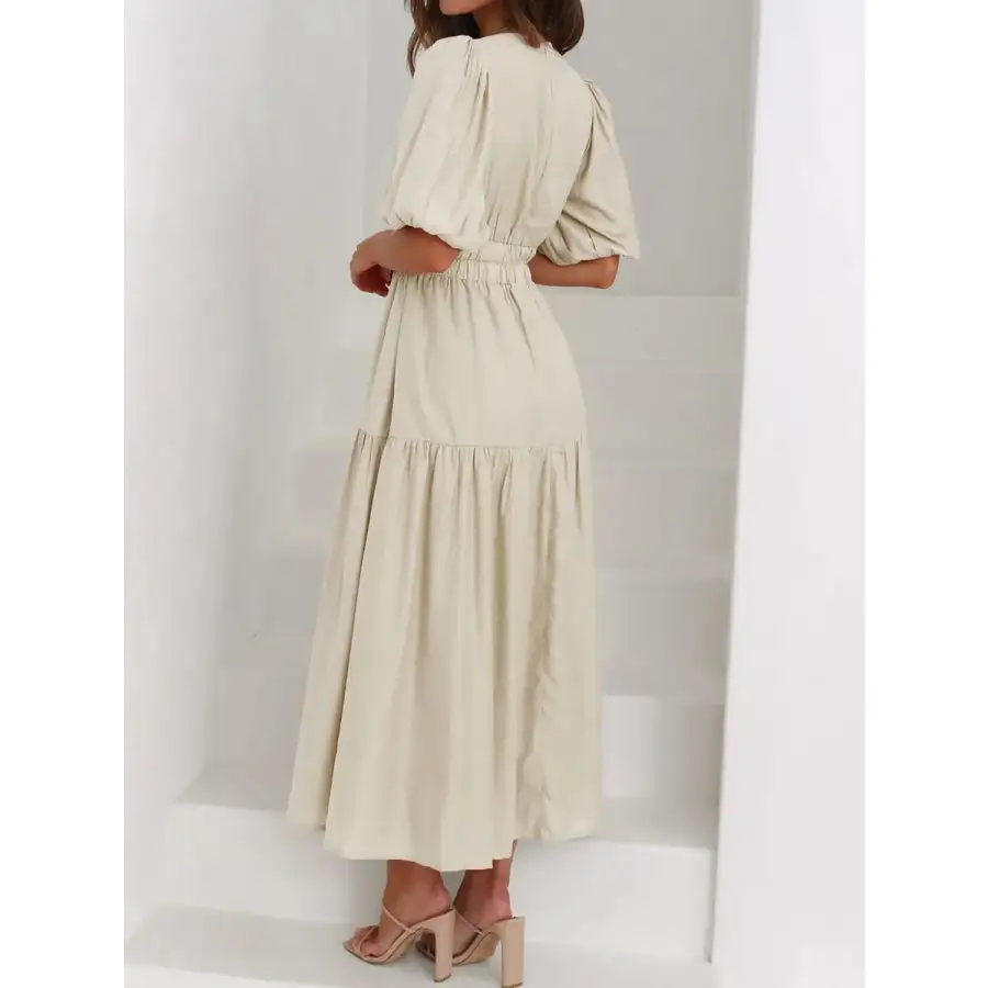 Neck V-Neck Puff Sleeve Midi Dress