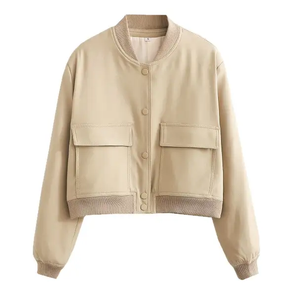 Cropped Flap Pocket Ribbed Trim Bomber Jacket
