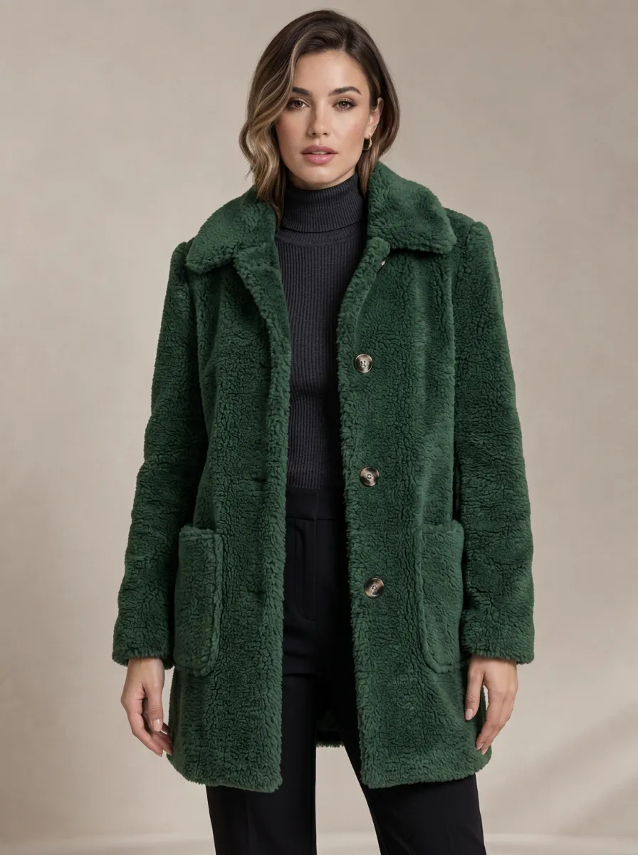 Women's Faux Fur Teddy Button Front Textured Coat