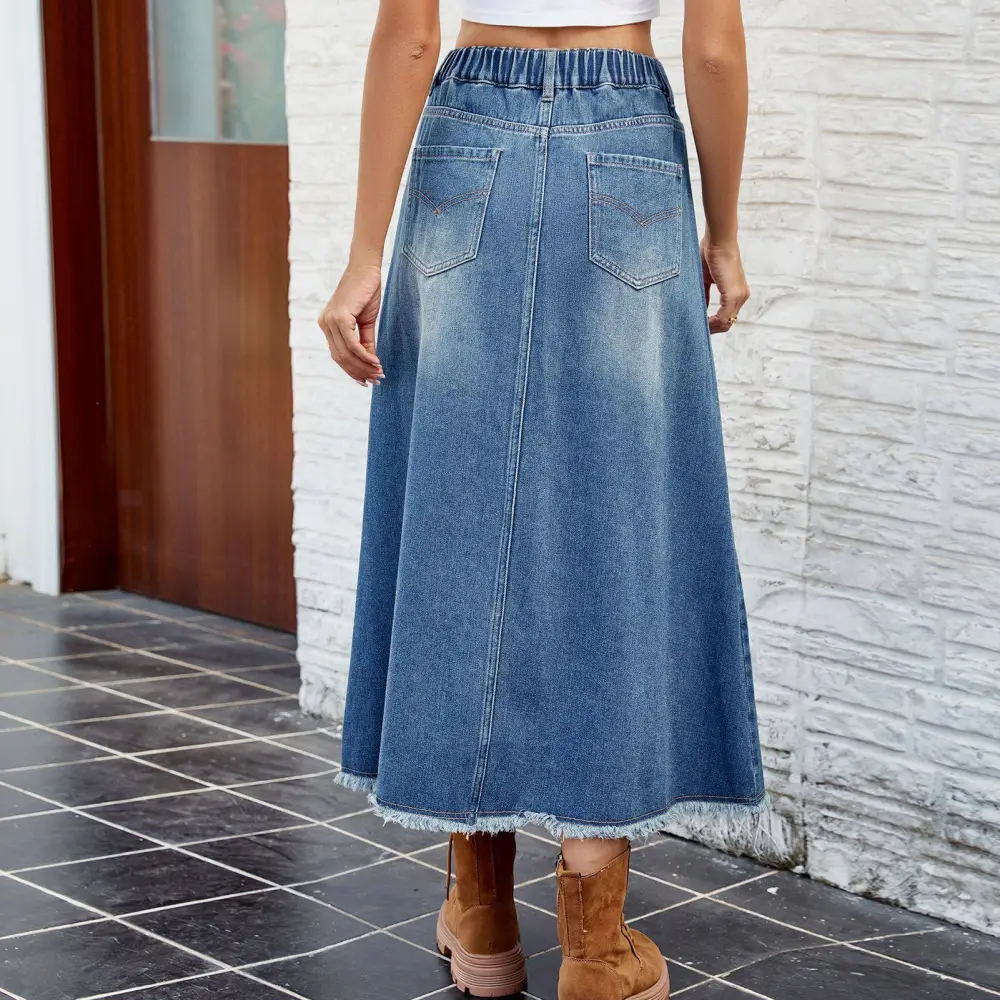 Structured Mid-Length Washed Denim Skirt