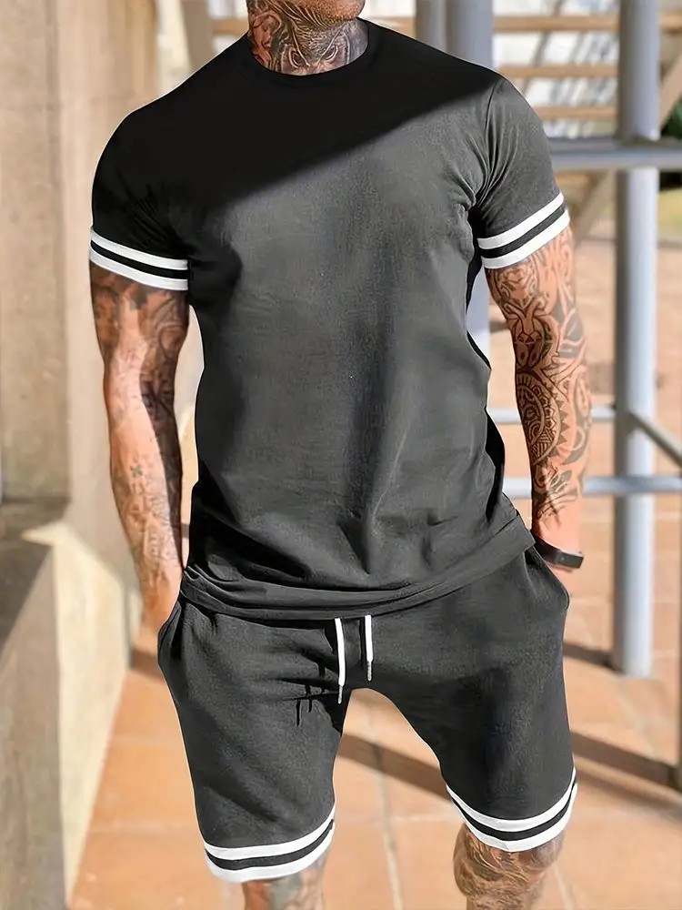 S Contrast Stripe Short Sleeve Tee & Shorts Set