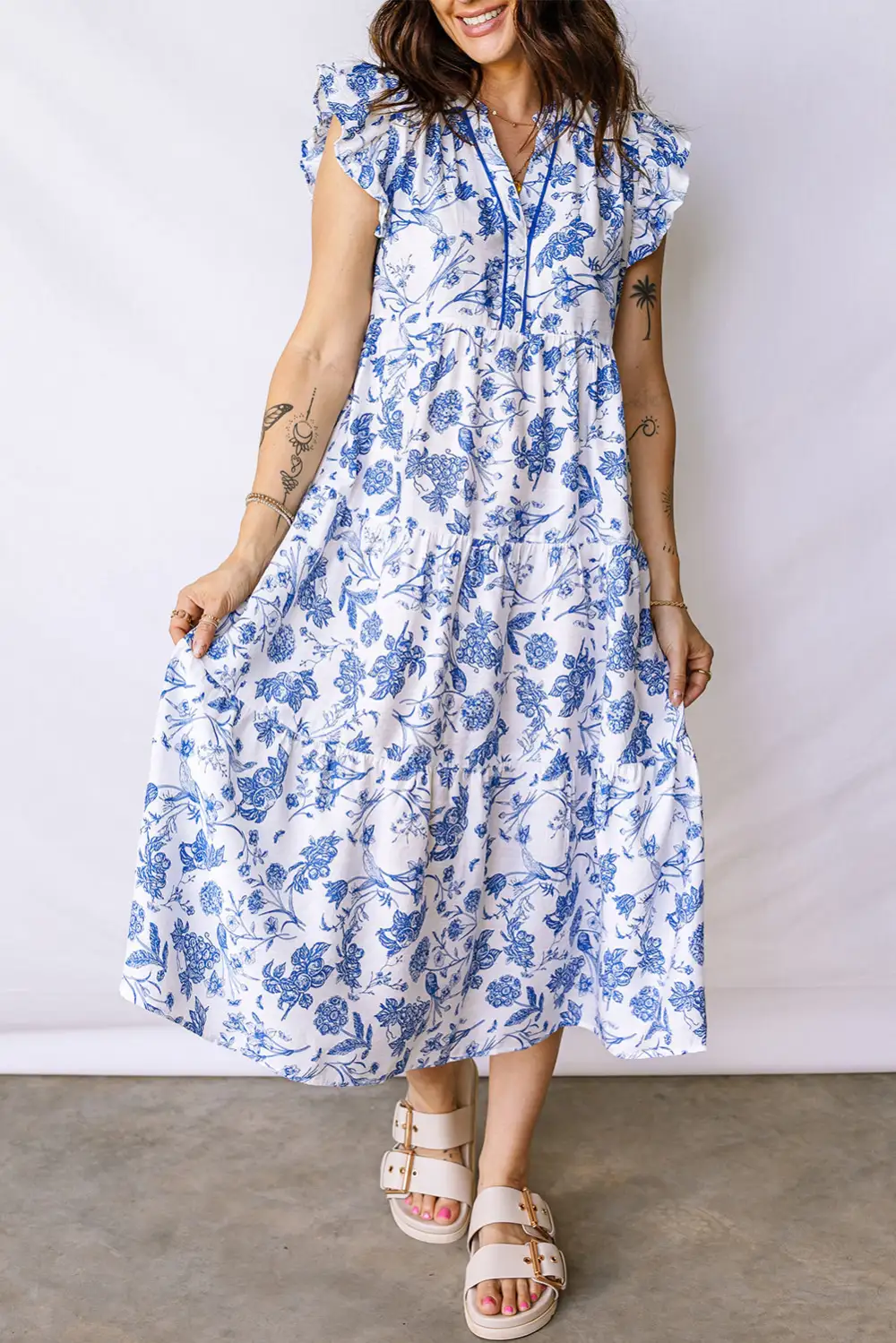Polished Detail Floral Ruffle Tiered Midi Dress