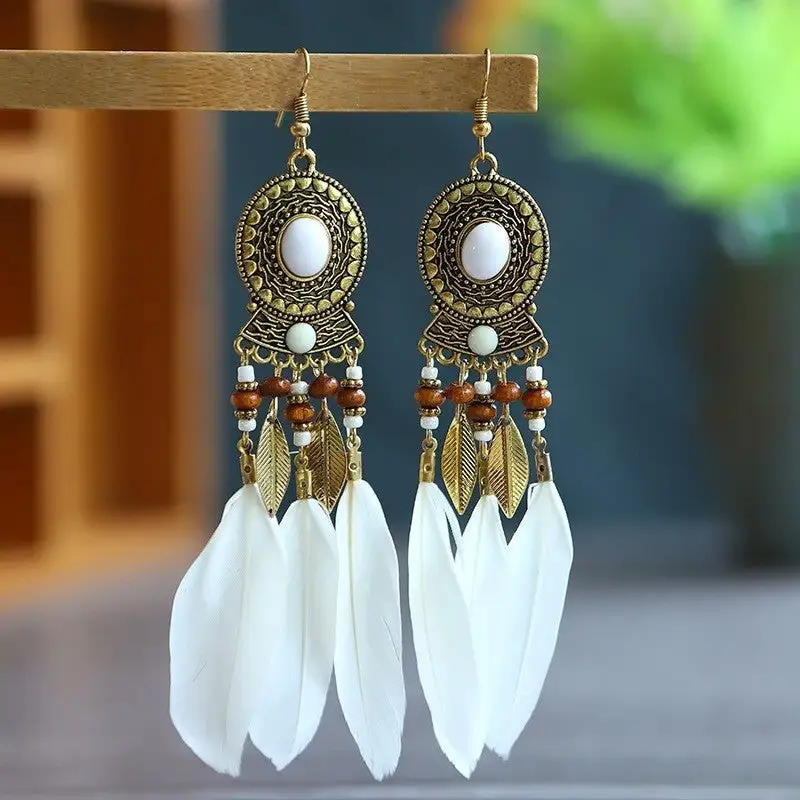 Textured Feather Tassel Alloy Drop Earrings