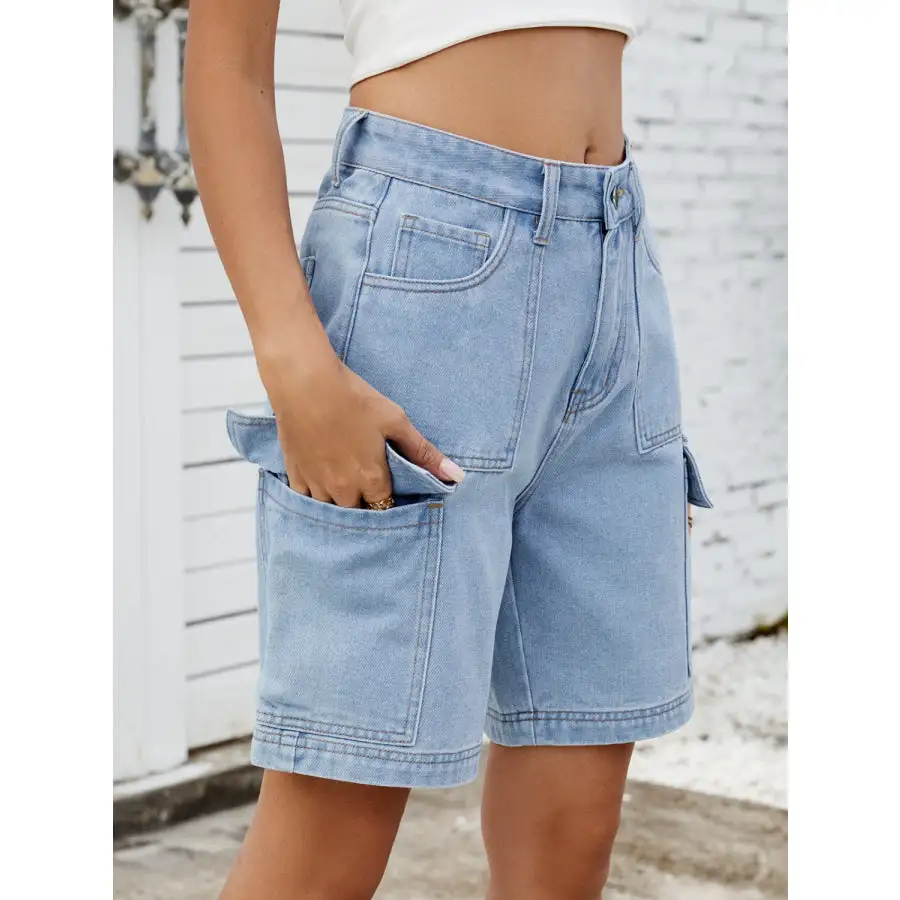 High Waist Pocketed Cargo Denim Shorts