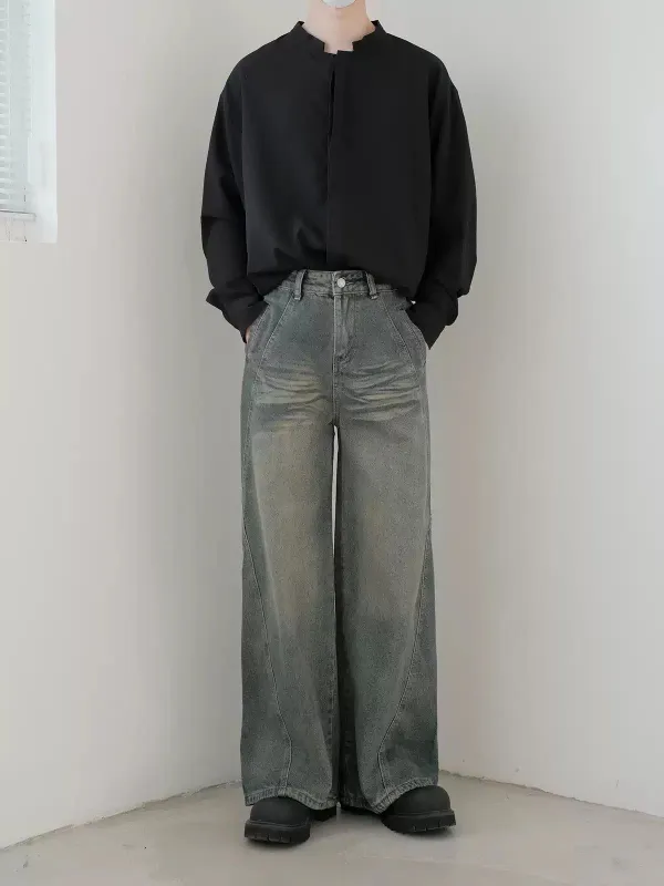 Diagonal Detail Wide Leg Jeans
