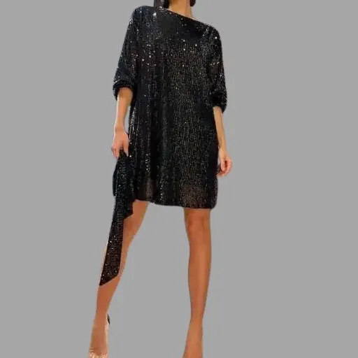 Women's Long-Sleeve Sequin Pleated Cocktail Mini Dress