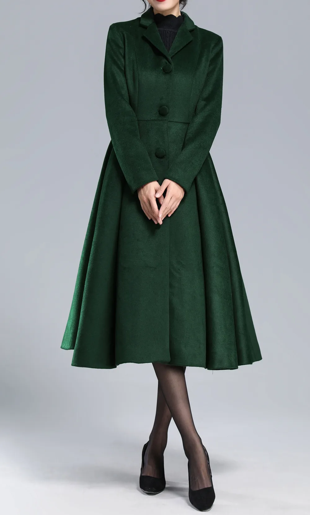 Refined Wool Blend Fit and Flare Single Breasted Pleated Pocketed Coat
