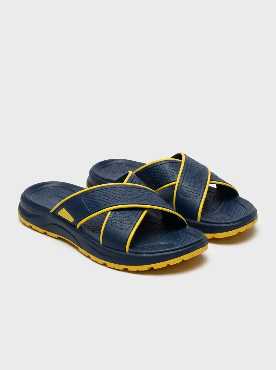 Men's Navy Yellow Honeycomb Cross Strap Slides