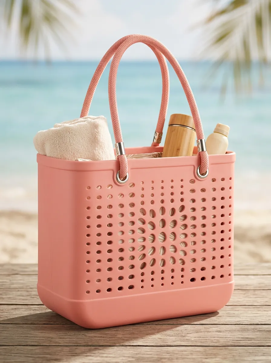 Perforated Rope-Handle Open-Top Cutout Beach Tote Bag