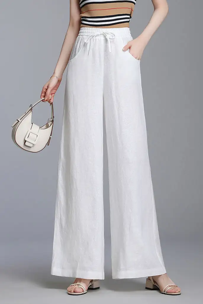 Polished Linen Wide Leg High Waist Pocketed Trousers