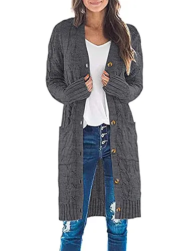 Womens Long Sleeve Cable Knit Long Cardigan Open Front Button Sweater Outerwear