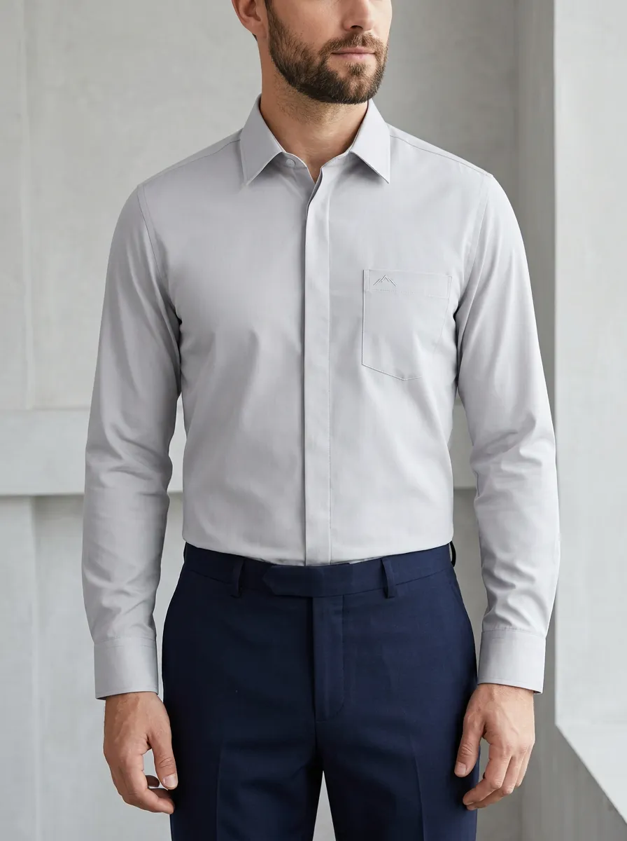 Men's Non-Iron Cotton Mountain Logo Embroidered Dress Shirt
