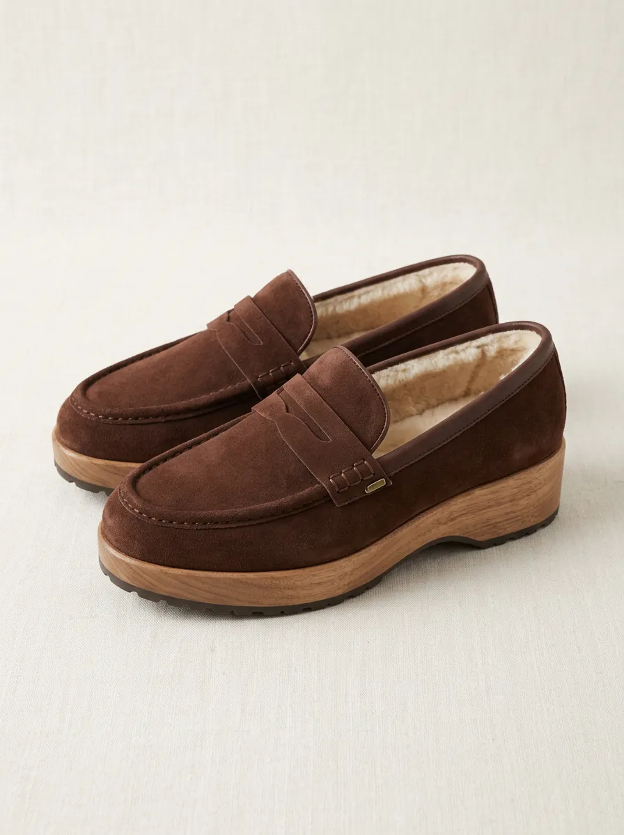 Women's Rugged Faux Fur Lined Platform Suede Wood Sole Loafers