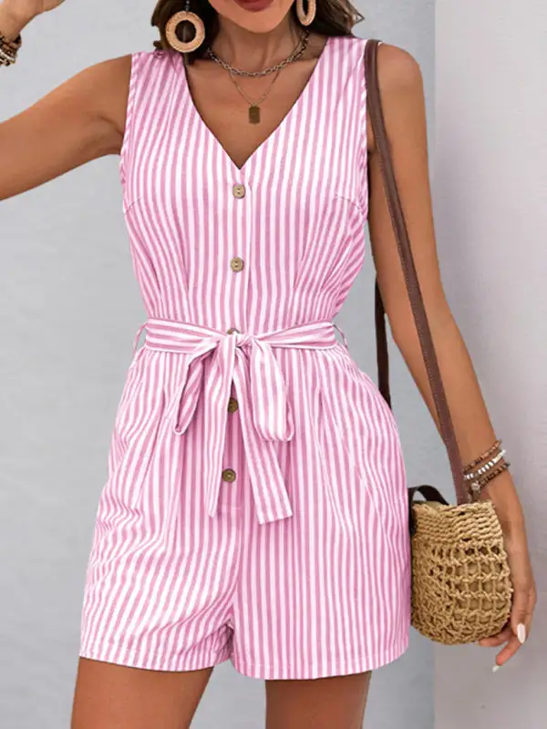 V Neck Sleeveless Striped Jumpsuit