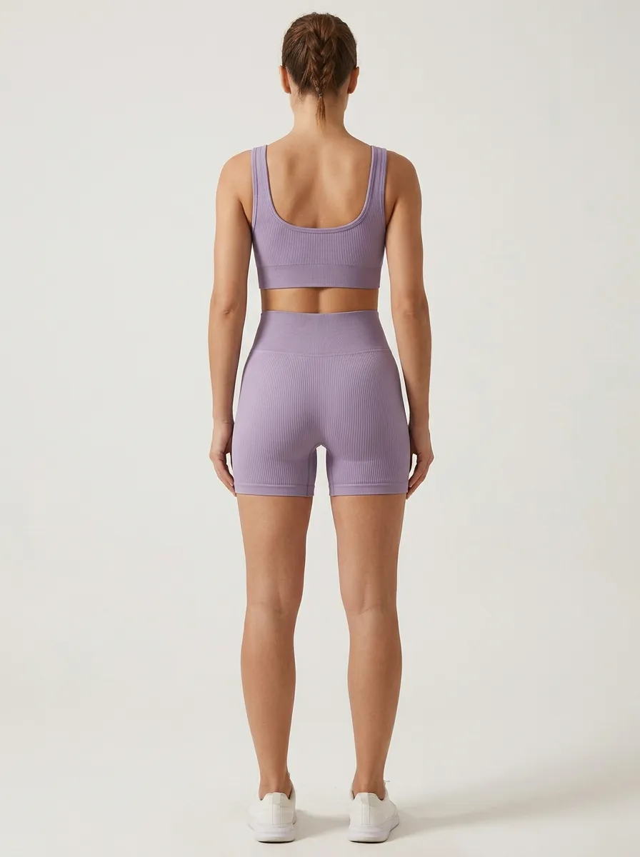 Contemporary Ribbed Texture Seamless Design Training Look Women's Tank Top And Sports Shorts Set