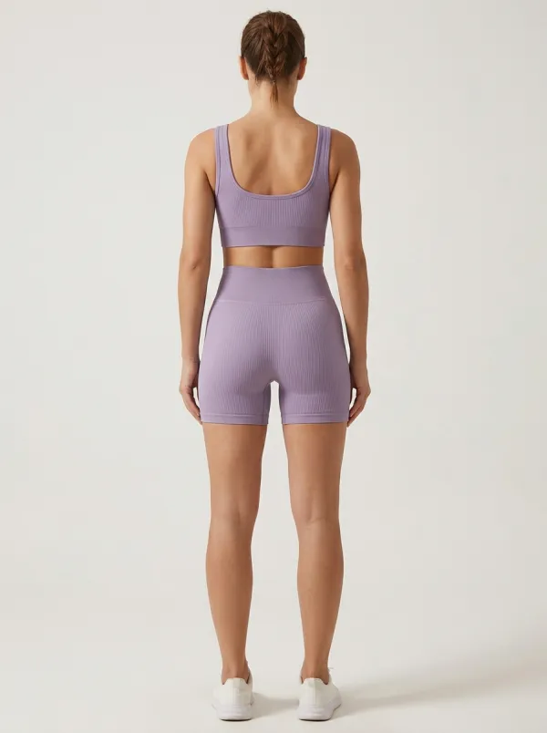 Contemporary Ribbed Texture Seamless Design Training Look Women's Tank Top And Sports Shorts Set