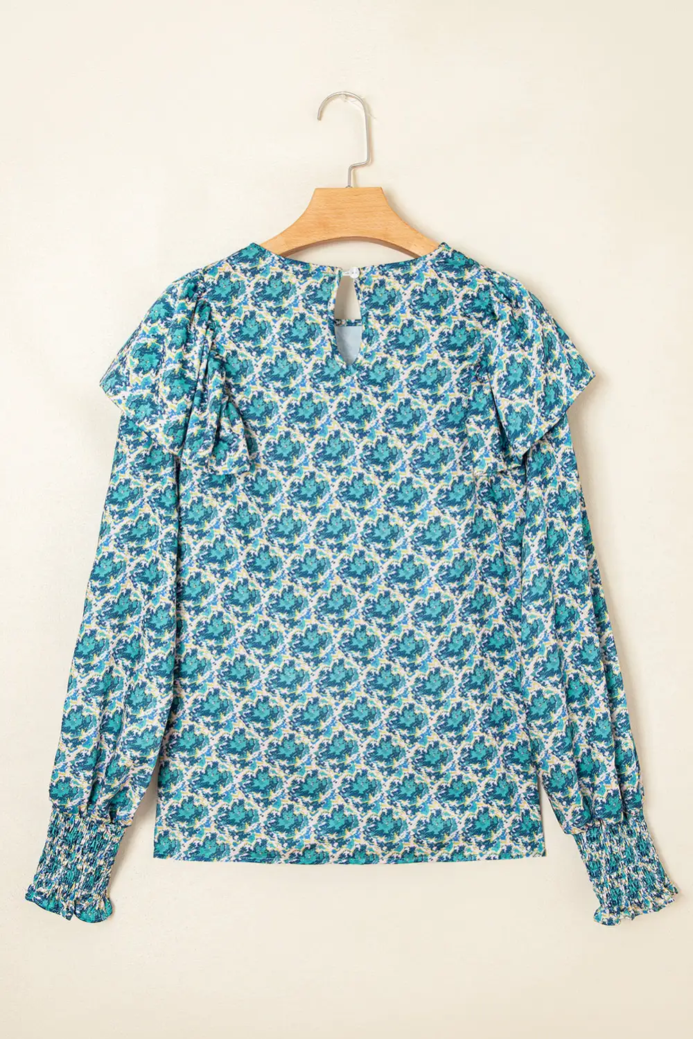 Green Abstract Print Shirred Cuff Puff Sleeve Blouse