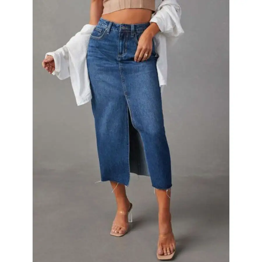 Raw Hem Front Slit Denim Midi Skirt