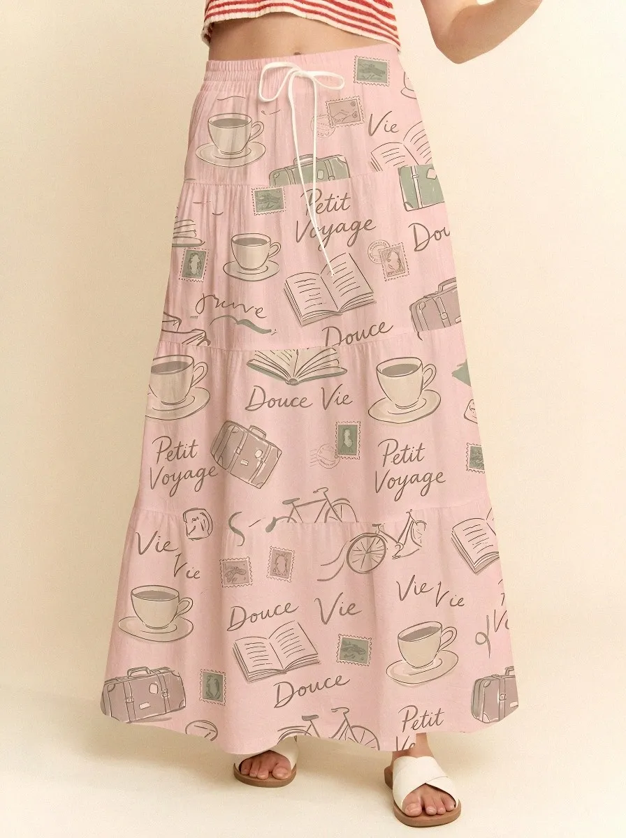 Women's Travel Lover Coffee Book Stamp Printed Maxi Skirt