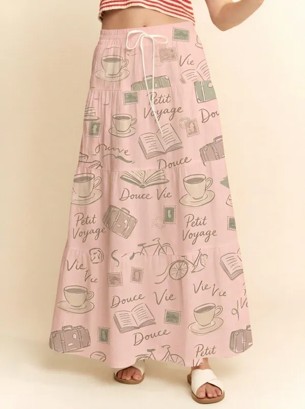 Women's Travel Lover Coffee Book Stamp Printed Maxi Skirt
