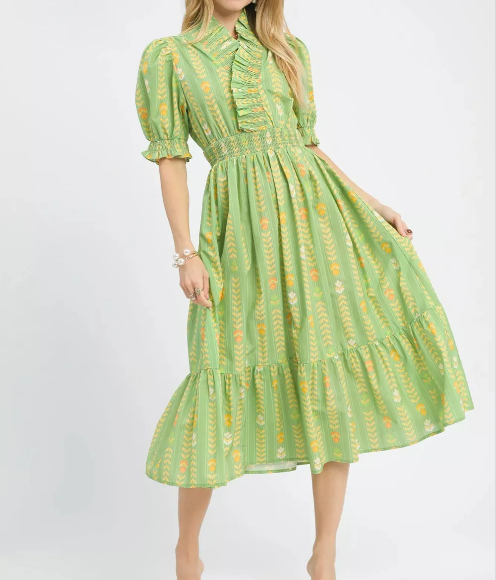 Vibrant Vibrant Ruffle Smocked Midi Dress