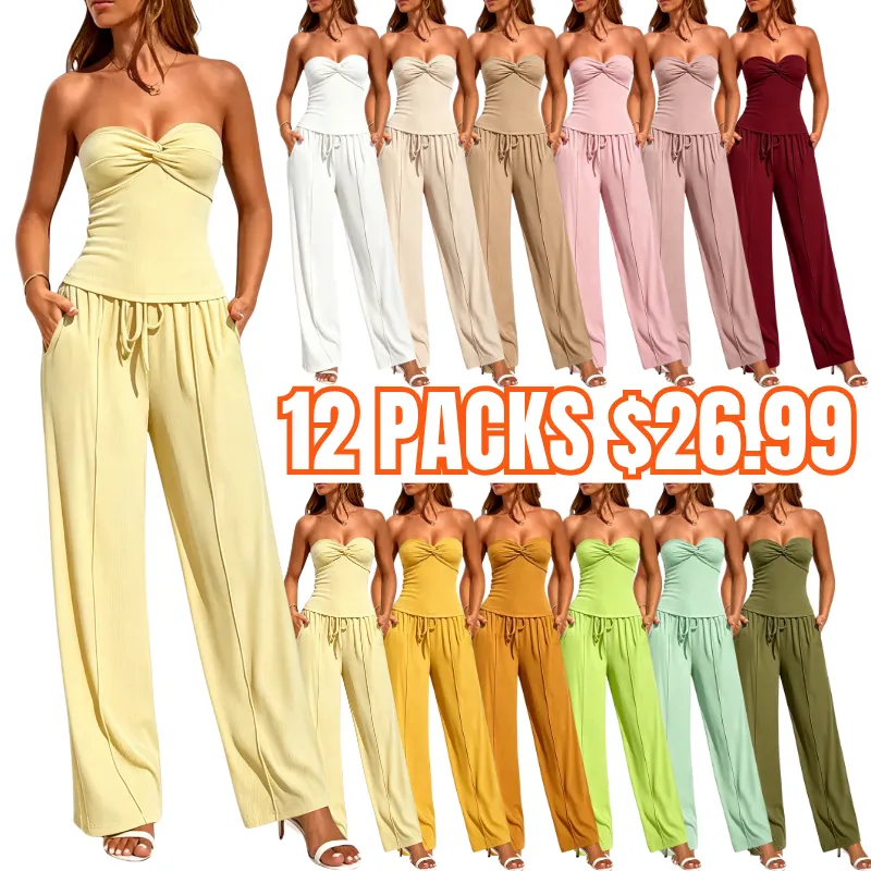 Ribbed Strapless Twist Knot Tube Top Pants Set
