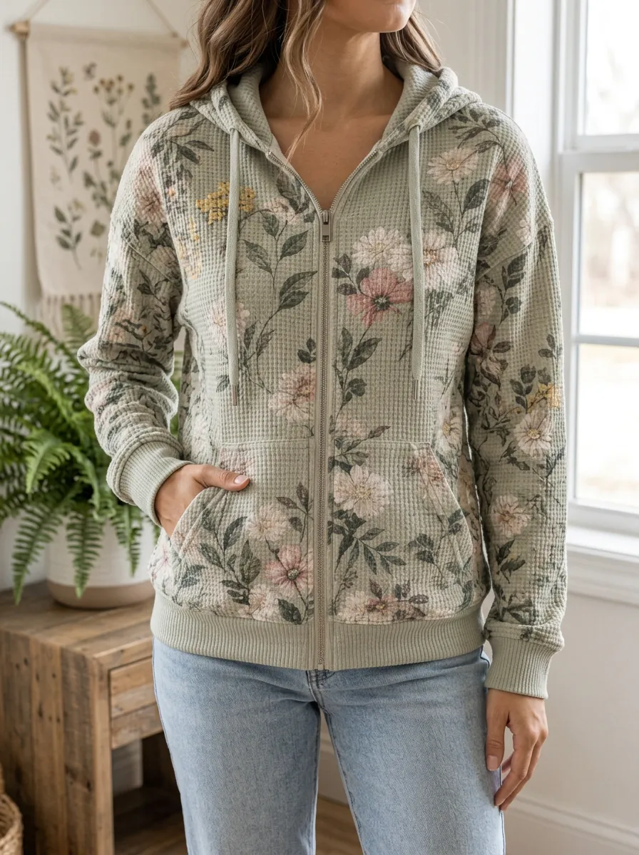 Women's Sage Floral Signature Pattern Waffle Zip-Up Hoodie