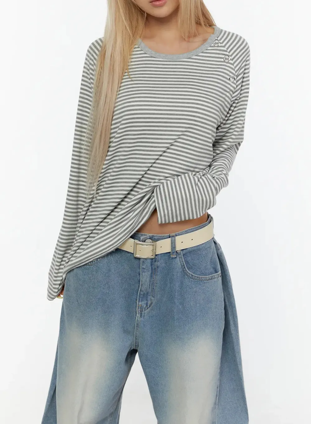 Oversized Stripe Buttoned Long Sleeve Top