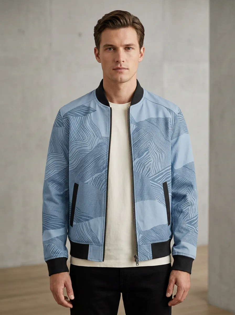 Geometric Print Baseball Collar Ribbed Trim Bomber Jacket