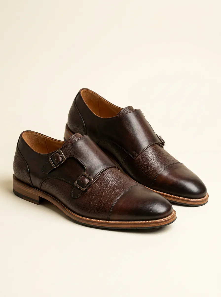 Men's Business Formal Textured Leather Double Monk Strap Shoes
